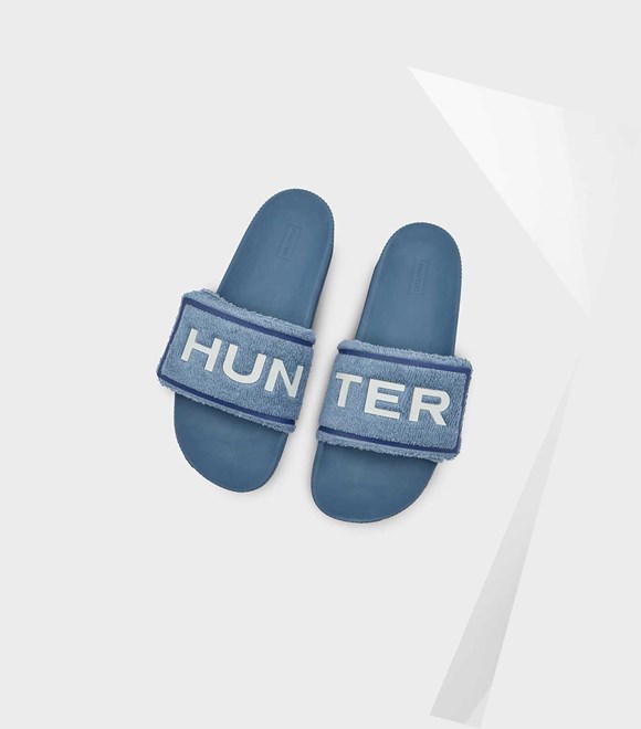 Klapki Męskie Hunter Original Terry Towelling Logo Adjustable Niebieskie | 901PRVUCD