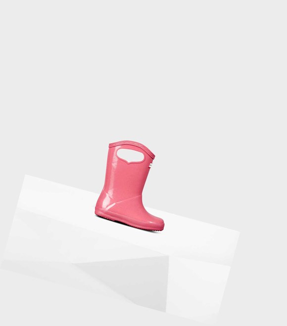Krótkie Kozaki Dziecięce Hunter Original First Klasyczne Grab Handle Gloss Wellington Różowe | 351MFXCPR