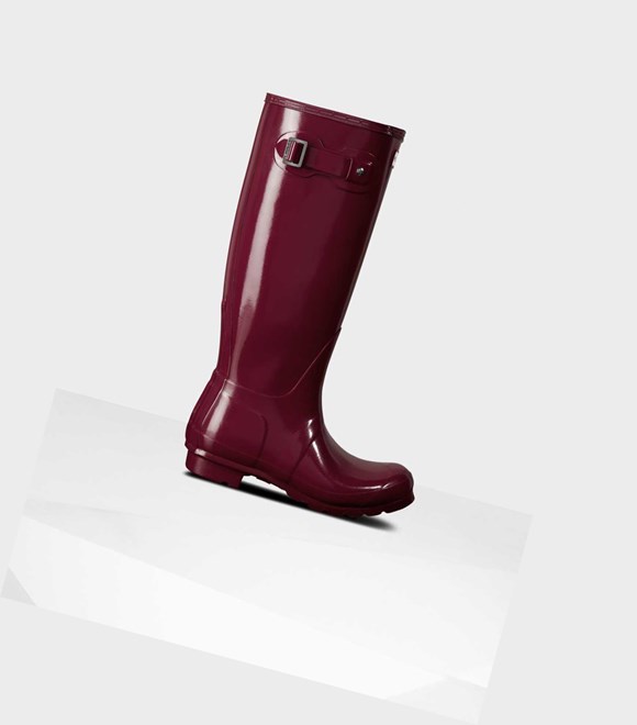 Wysokie Buty Damskie Hunter Original Gloss Wellington Bordowe | 423OCBNGE