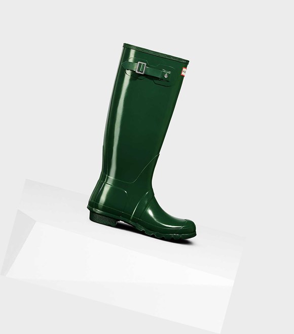 Wysokie Buty Damskie Hunter Original Gloss Wellington Zielone | 568BUORZT