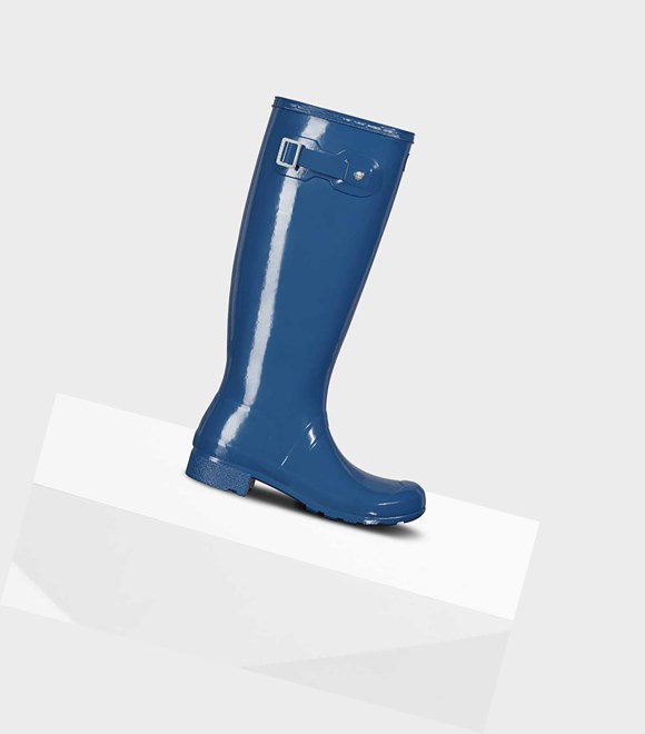 Wysokie Buty Damskie Hunter Original Tour Foldable Gloss Wellington Niebieskie | 839VHCWLR