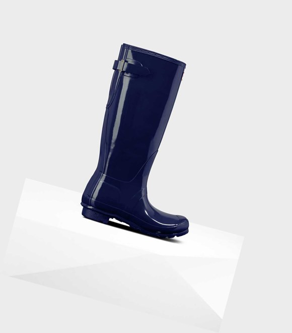 Wysokie Buty Damskie Hunter Original Wysokie Back Gloss Wellington Adjustable Niebieskie | 817ZABRLI