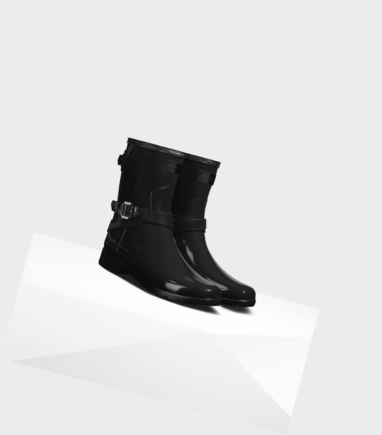 Krótkie Kozaki Damskie Hunter Refined Slim Fit Krótkie Gloss Wellington Adjustable Czarne | 614HZSYOT