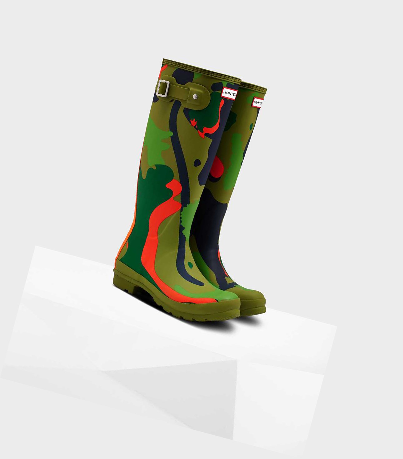 Wysokie Buty Damskie Hunter Original Rockpool Camo Wellington Zielone | 842SEPFGR