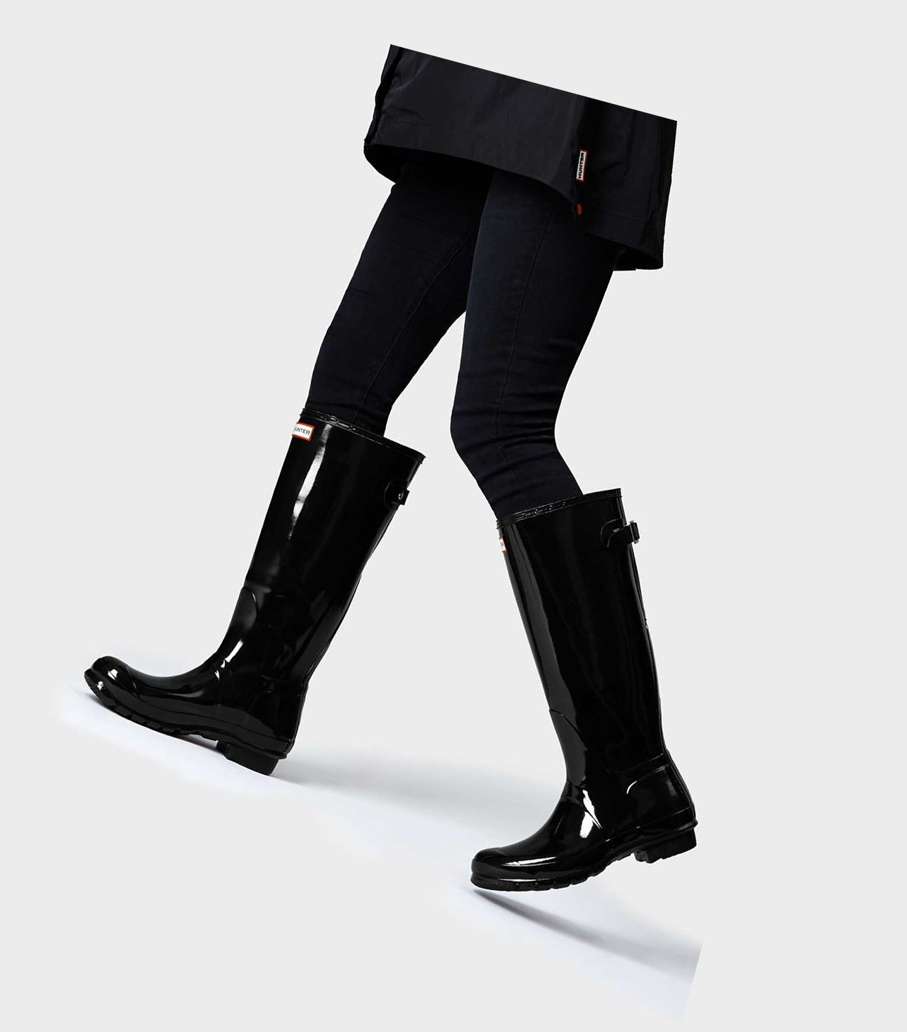 Wysokie Buty Damskie Hunter Original Wysokie Back Gloss Wellington Adjustable Czarne | 397KTJPUW