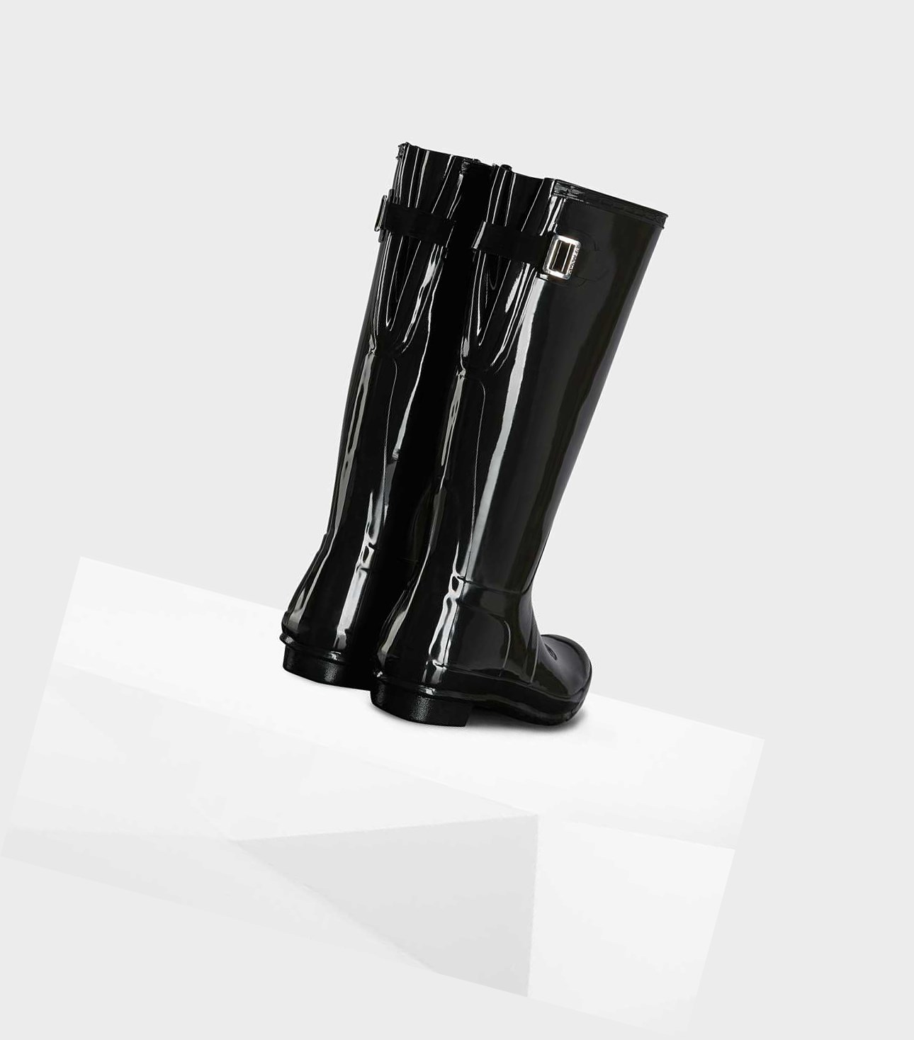Wysokie Buty Damskie Hunter Original Wysokie Back Gloss Wellington Adjustable Czarne | 397KTJPUW