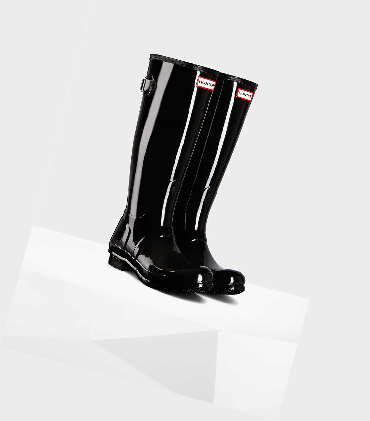 Wysokie Buty Damskie Hunter Original Wysokie Back Gloss Wellington Adjustable Czarne | 397KTJPUW