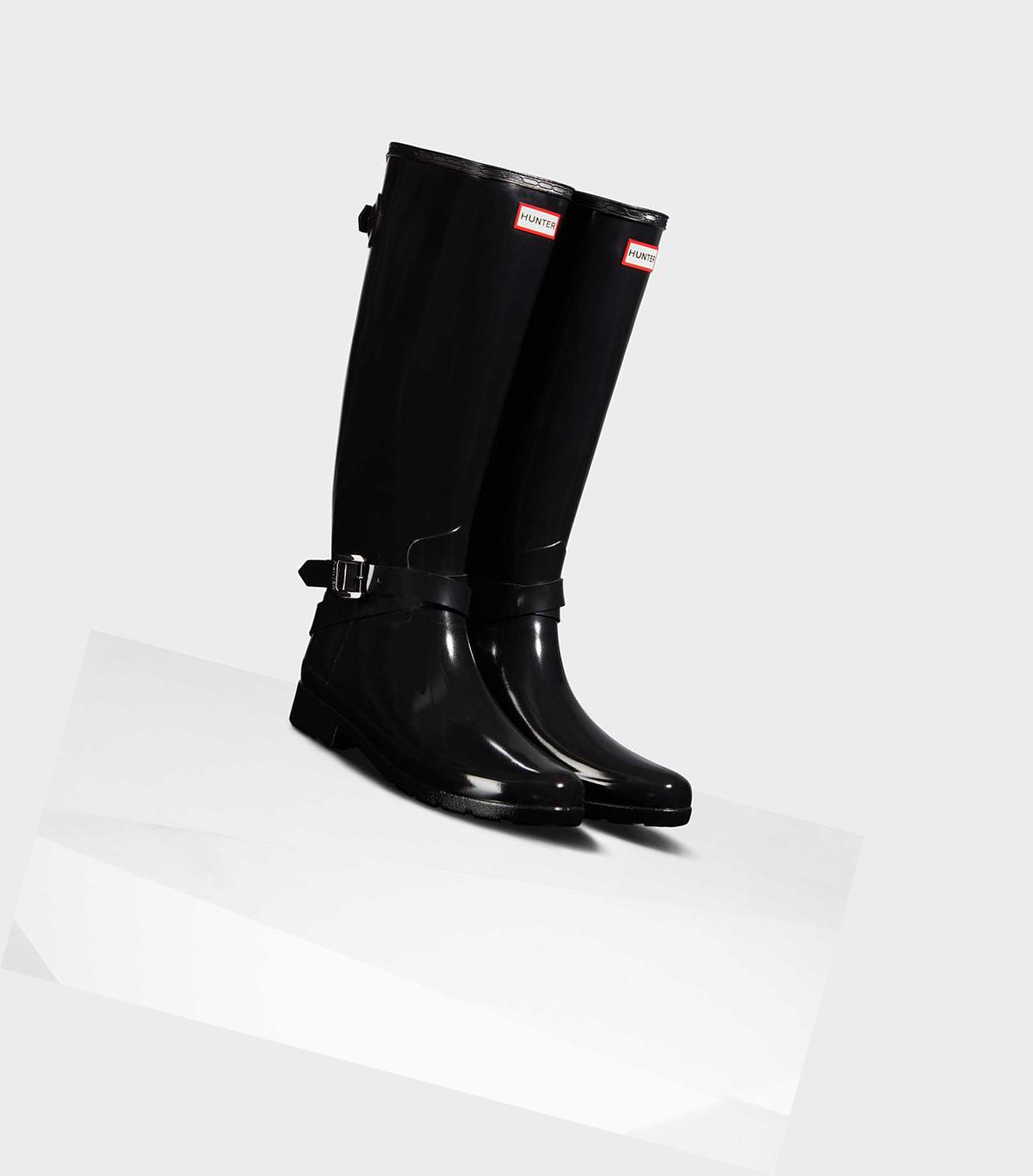 Wysokie Buty Damskie Hunter Refined Wysokie Gloss Wellington Adjustable Czarne | 681NZDCTU