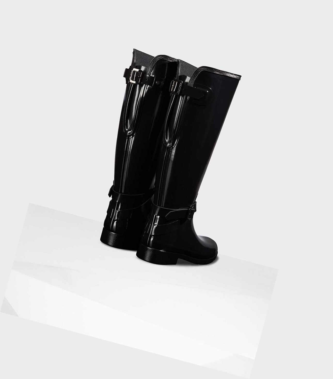 Wysokie Buty Damskie Hunter Refined Wysokie Gloss Wellington Adjustable Czarne | 681NZDCTU