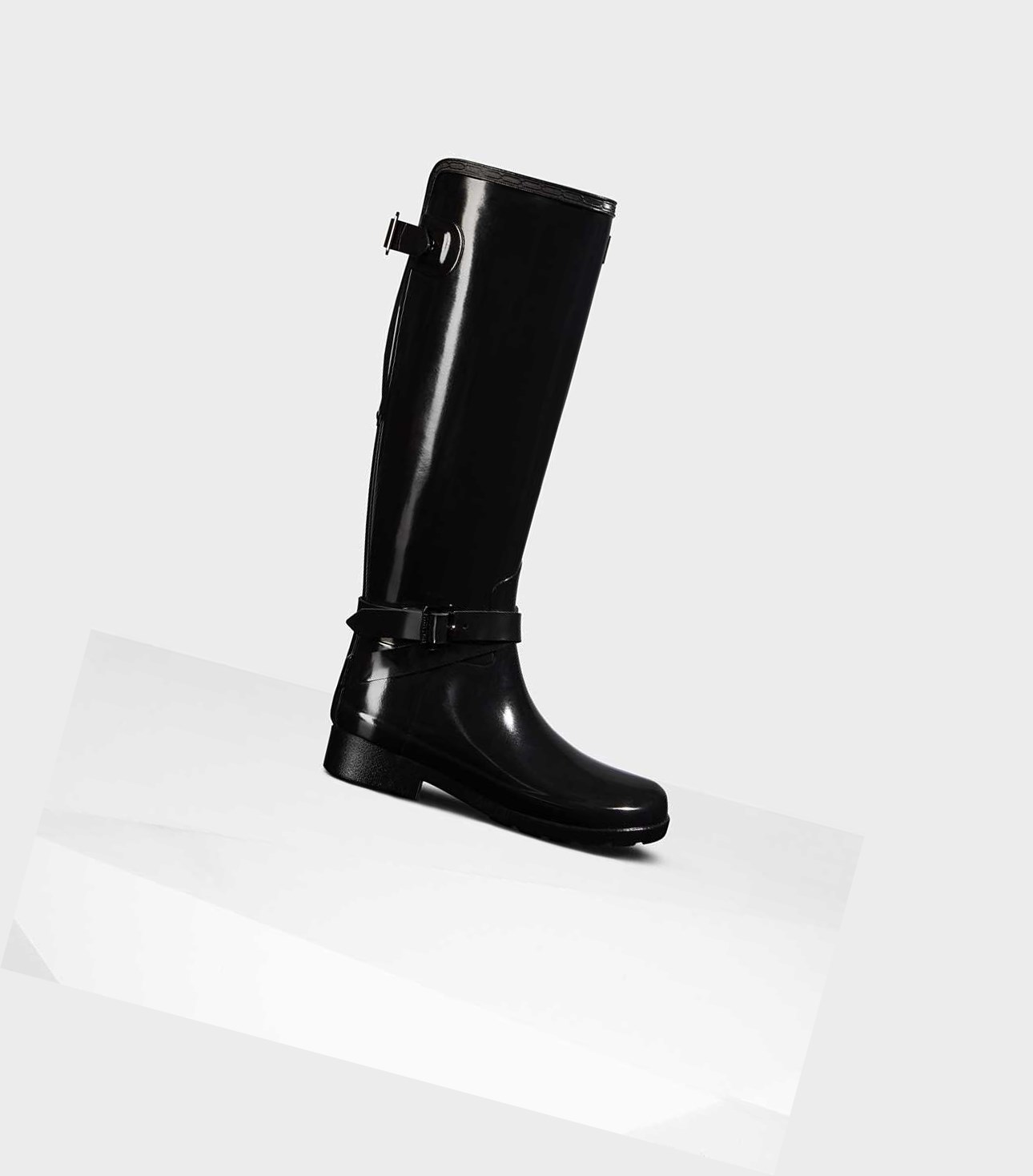 Wysokie Buty Damskie Hunter Refined Wysokie Gloss Wellington Adjustable Czarne | 681NZDCTU